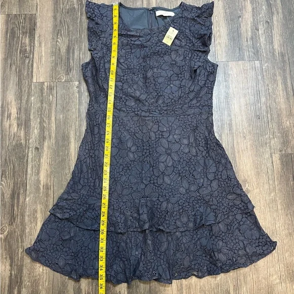 NWT Loft Navy Blue Floral Lace Ruffle Mini Flutter Sleeve Cocktail Dress 10P - Picture 14 of 15